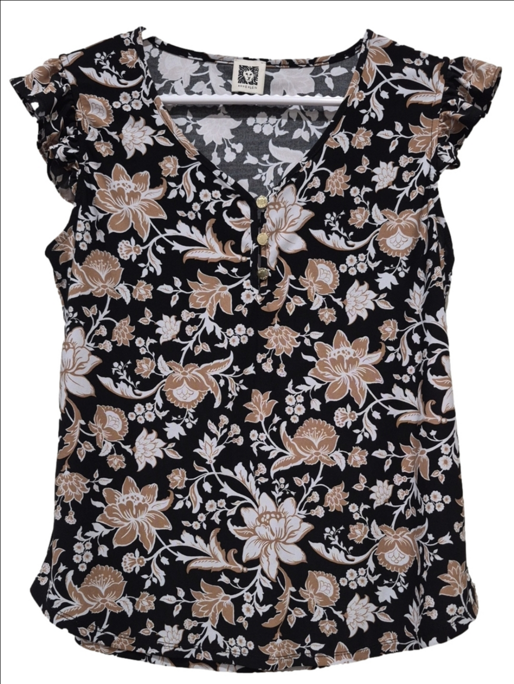 Anne Klein Ruffle Sleeve Floral V-Neck Blouse Black Tan White Size (Fits Like S)